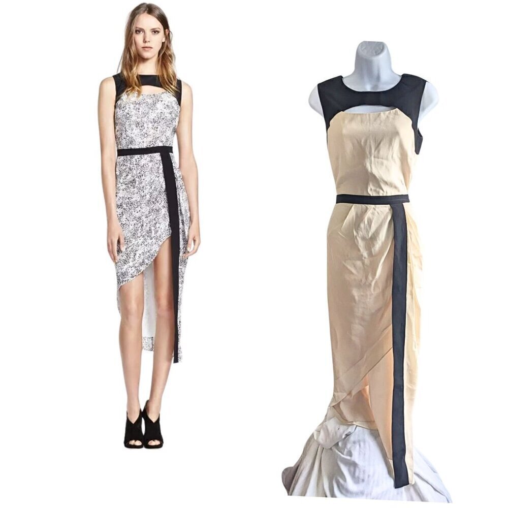 HAUTE HIPPIE Black & Cream Clara 100% Silk Georgette  Asymmetrical Midi Dress Si